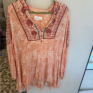 Anthropologie Orange and Red Embroidered Tunic